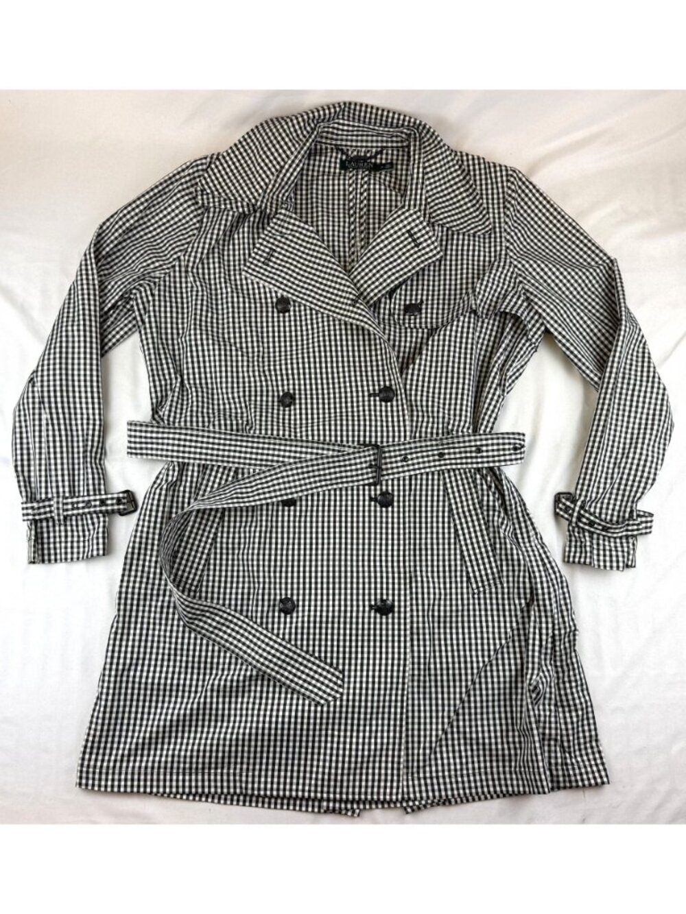 Lauren Ralph Lauren Gingham Twill Trench Coat Size 16 Black & White - Picture 2 of 8